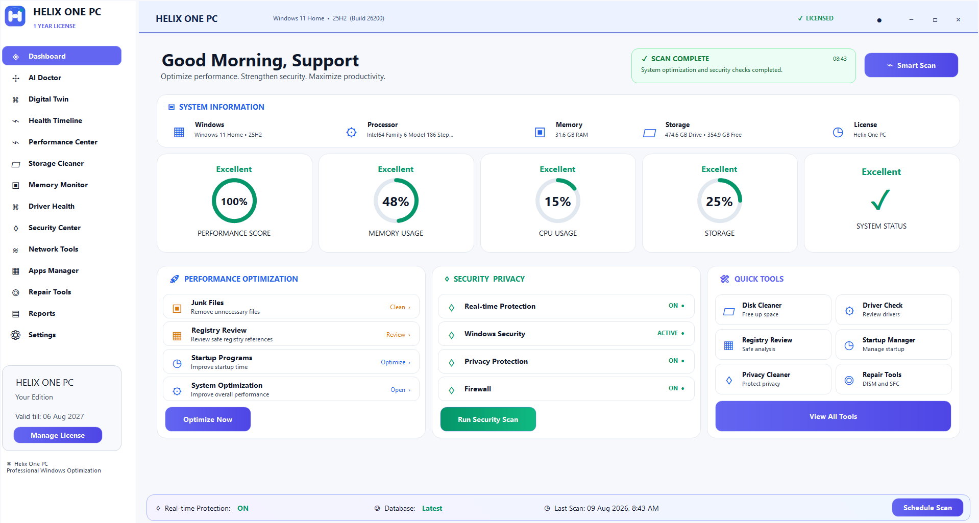 Helix One PC Windows software dashboard