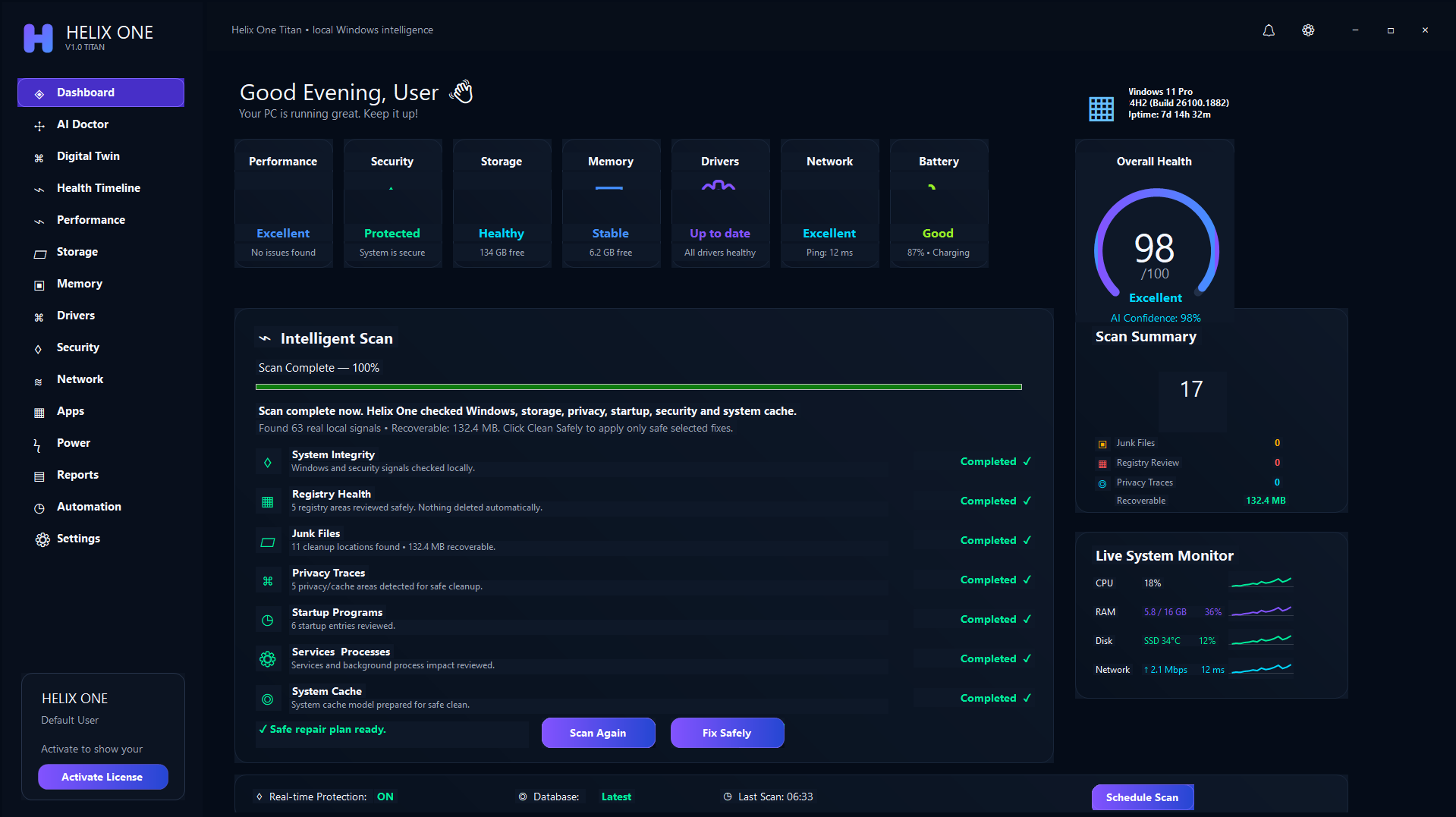 Helix One PC dashboard after activation