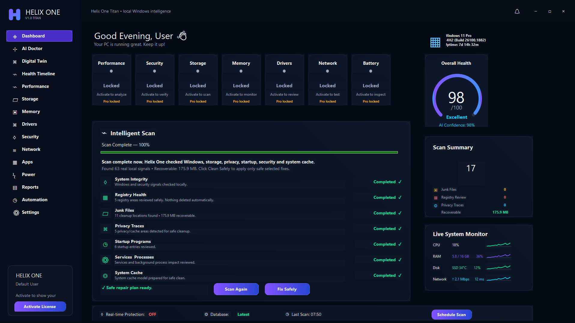 Helix One PC dashboard after system scan