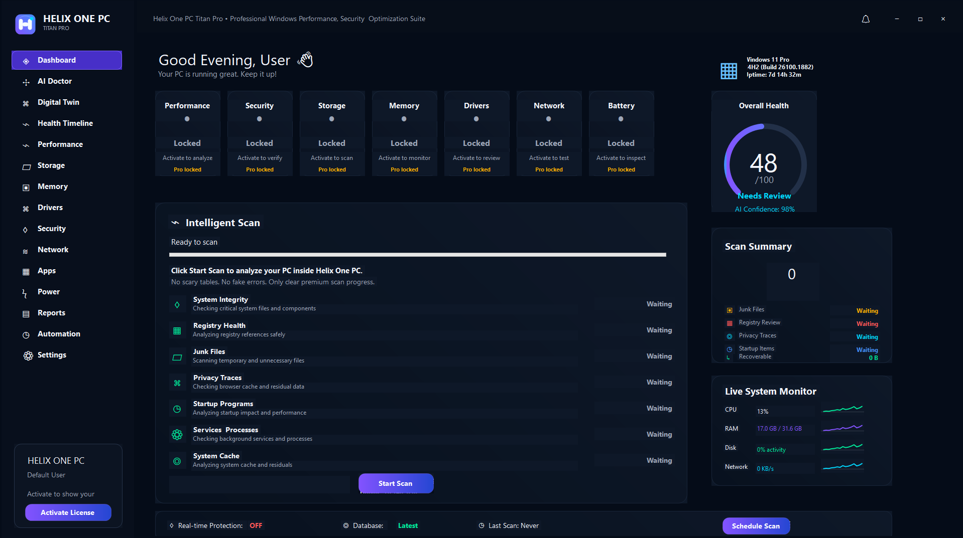 Helix One PC dashboard before activation